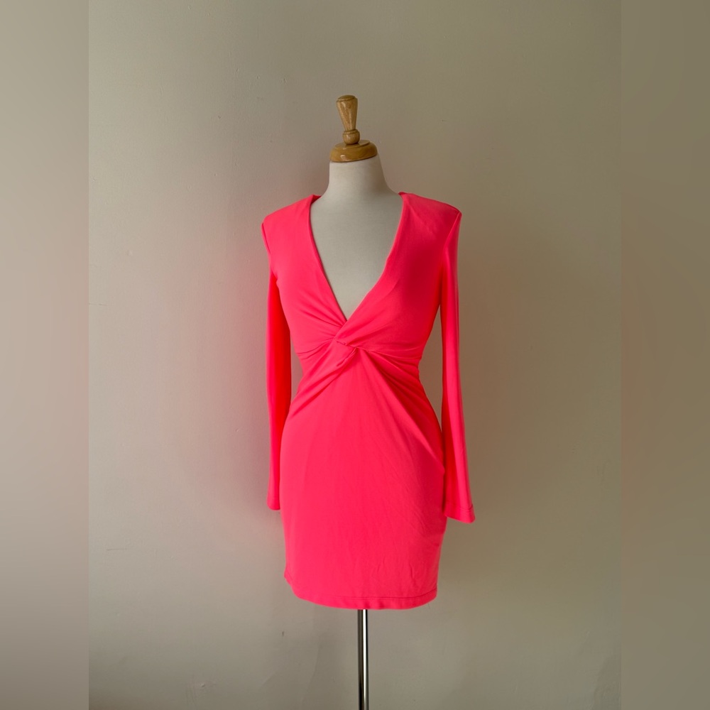 Zara Neon Pink Long Sleeve Twist Front Dress